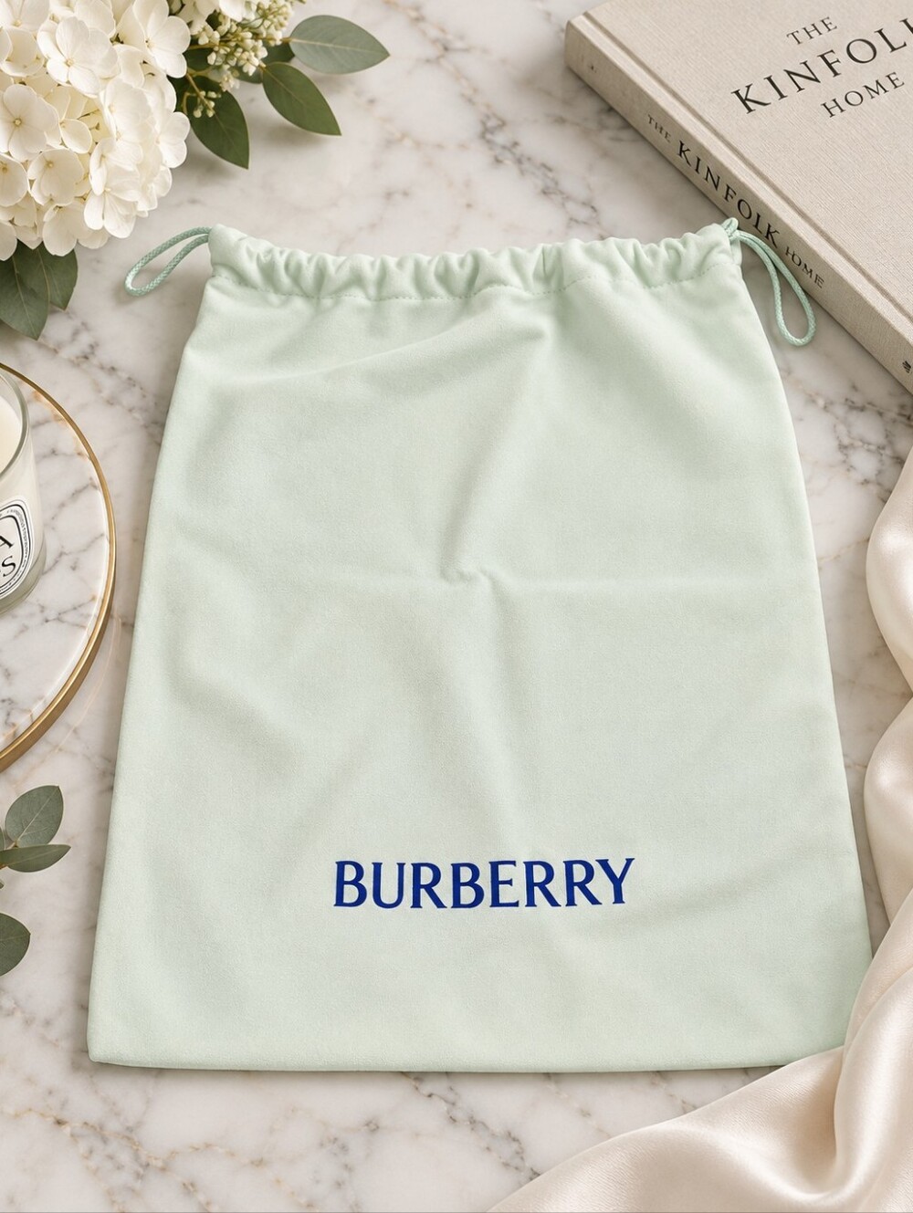 Burberry White Cotton Dust Bag with Blue Logo